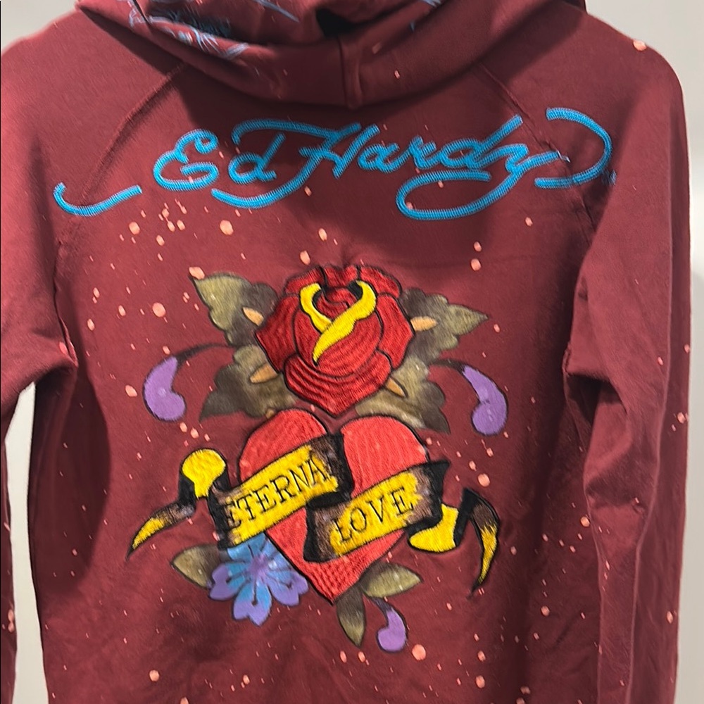 Vintage Y2K Ed Hardy Eternal Love Maroon Hoodie with Blue Accents